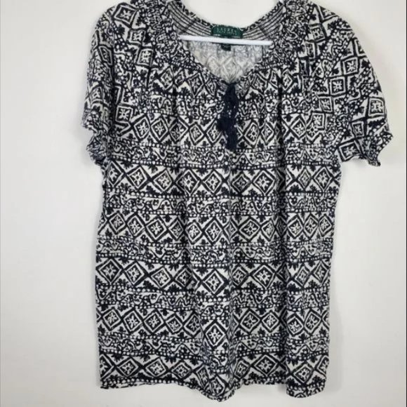 Lauren Ralph Lauren Geo Patten Short Sleeve Top Womens Size 2X Tassel Tie Neck